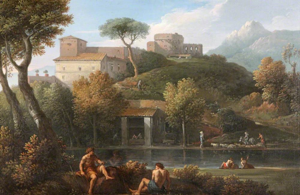 Due uomini conversano da un lago sotto un castello - National Trust